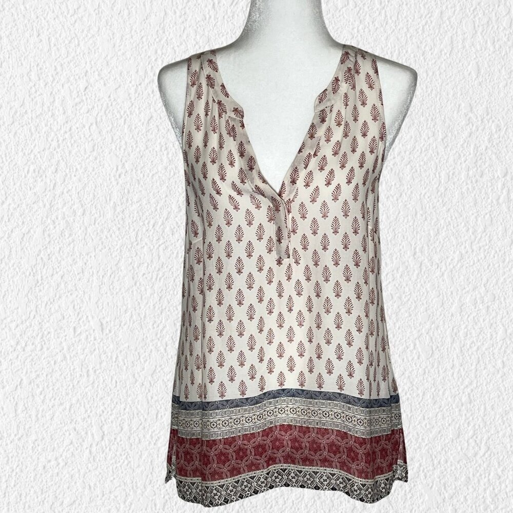 Sanctuary Mori Print Popover Tank L Boho Tunic V-Neck Cream Navy Red Lightweight
